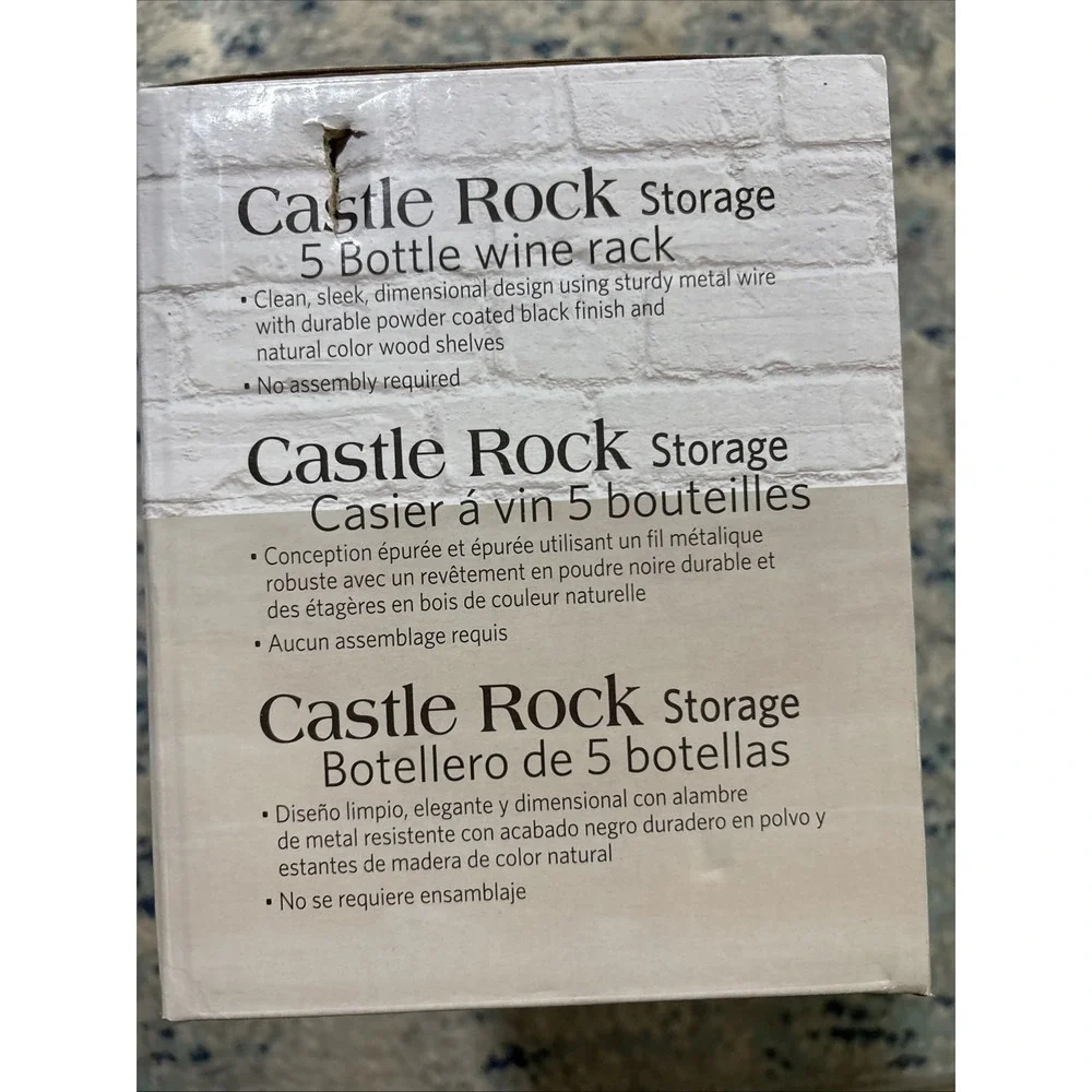 Castle Rock 5 Bottle Wine Rack NIB Black Metal Frame Natural Color Wood Shelves